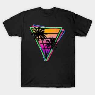 Distressed Synthwave Triangle Palm Tree Design T-Shirt